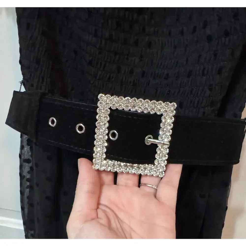 NWT Rebecca Vallance Black Sheer Tulle Belted Bodysuit Midi Tiffani Dress Size 8 - Picture 11 of 16